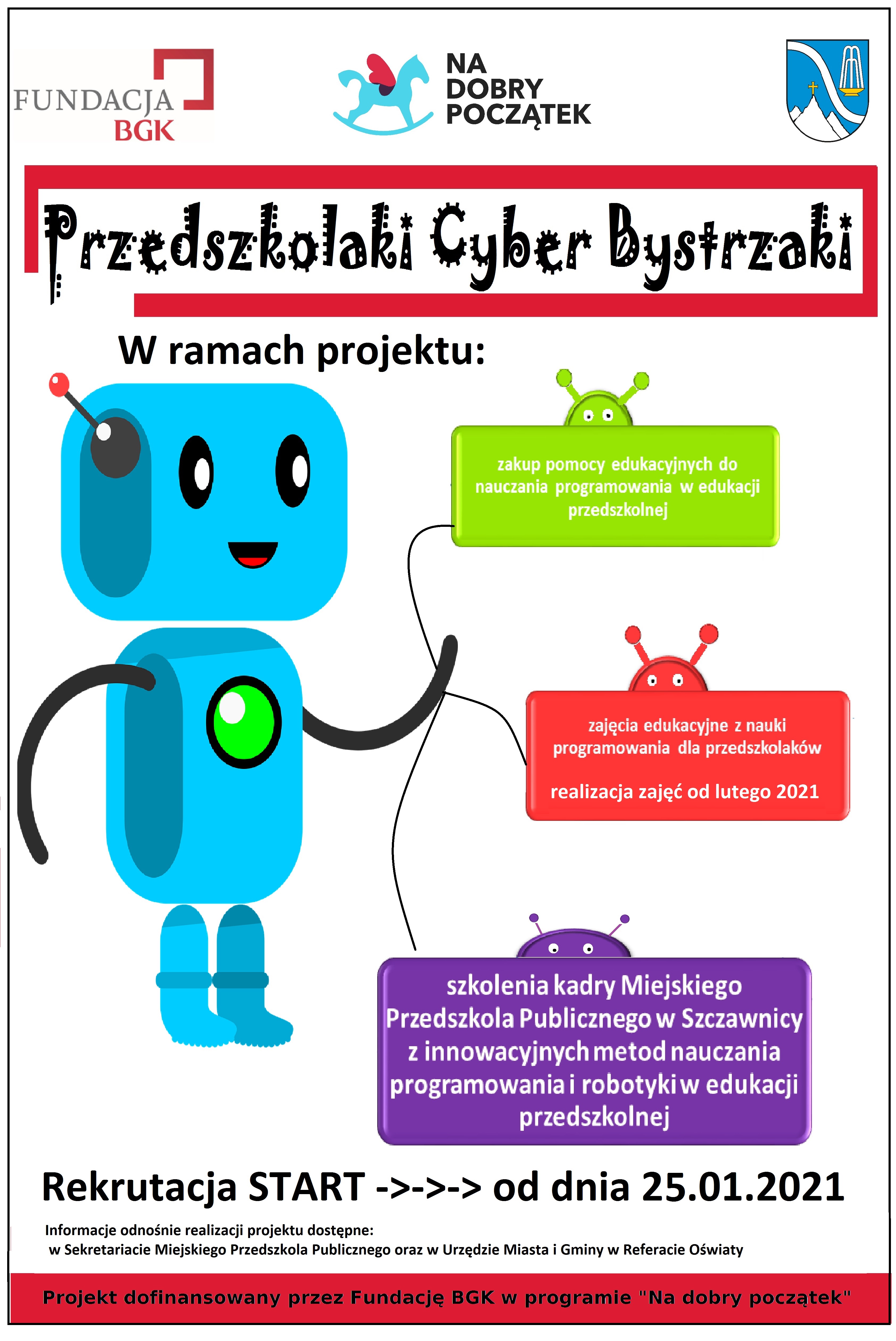 Plakat przedstawia niebieskiego robota wskazującego kolorowe chmurki z informacjami o projekcie.