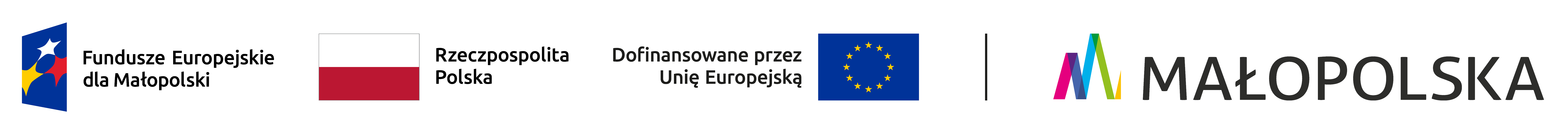 Logo Fundusze Europejskie dla Małopolski, flaga Polski, dofinansowanie przez Unię Europejską, flaga Unii Europejskiej 